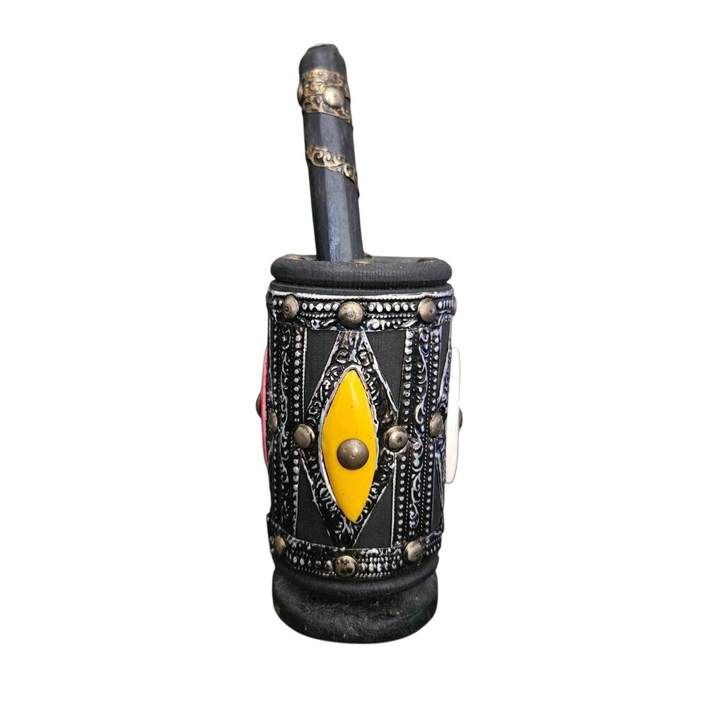 Decorative Wood Mortar Pestle Jeweled Beaded Black Multicolor Boho